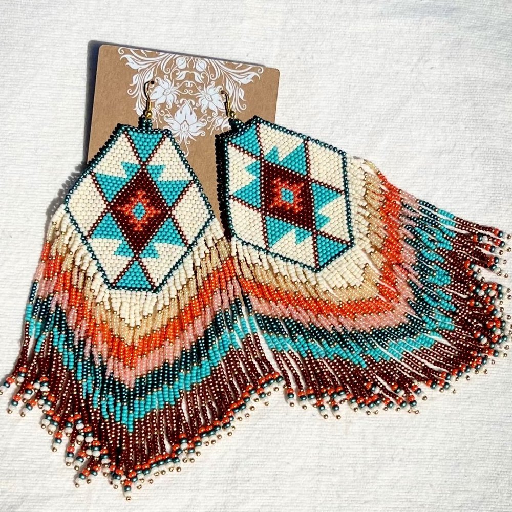 Indian Aztec Southwest Style Earrings Artisan Hand Beaded Long Fringe Huge NWT
